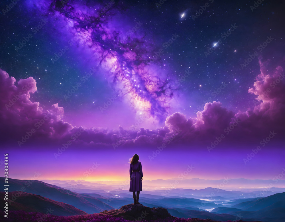 Obraz premium a lone figure standing on a hill, gazing at the vast expanse of the evening sky. The atmosphere is painted in various shades of deep purple, casting a surreal and tranquil aura