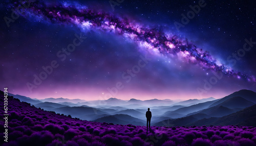 a lone figure standing on a hill  gazing at the vast expanse of the evening sky. The atmosphere is painted in various shades of deep purple  casting a surreal and tranquil aura