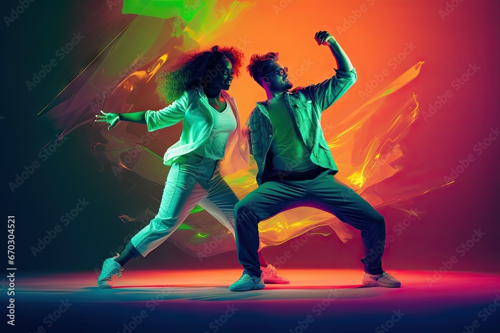 portrait fashionable action fashion style movement culture youth light neon hall dance background green clothes bright hop hip dancing woman man stylish motion drive beautiful