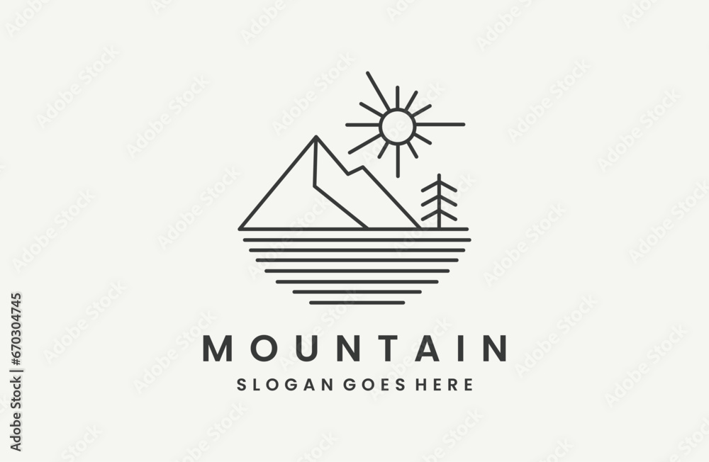 Line art mountain adventure logo design