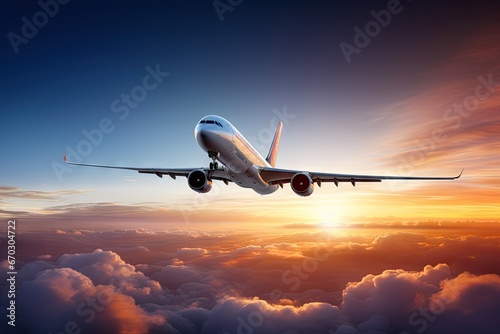 sunset clouds dramatic flying airplane commercial background business water sunrise summer nature technology sun aeroplane fly jet air aircraft airliner aviation flight plane sky