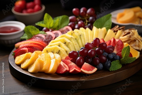 Various sliced fruit arranged on a tabletop, with leaves and additional fruit placed beside the table. Generative AI