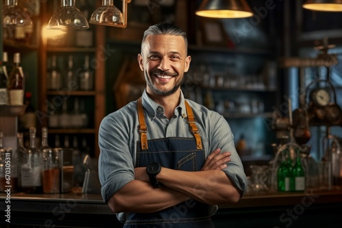 smiling apron wearing bartender barkeeper brewer man pub owner business small hot drink shop satisfaction proud beverage working smile looking job waiter service eatery success young