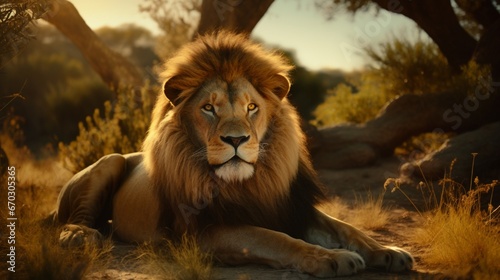 A lion sitting under the tree and hunting