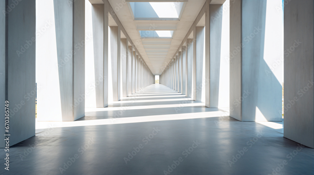low angle photo of wide corridor going back to a vanishing point, lined on each side with doors open at various angles, daylight, light concrete floor - Generative AI - obrazy, fototapety, plakaty 