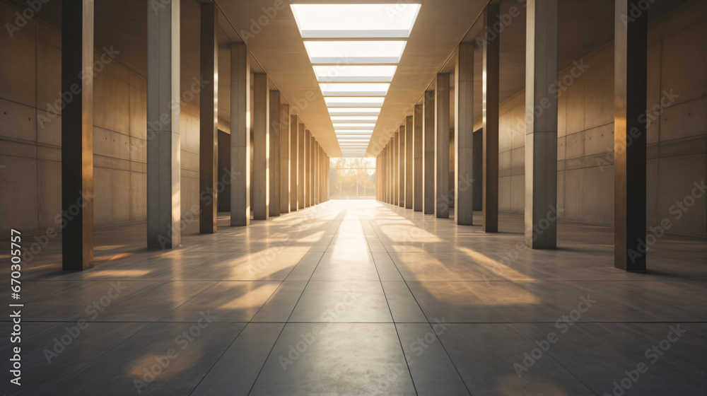 low angle photo of wide corridor going back to a vanishing point, lined on each side with doors open at various angles, daylight, light concrete floor - Generative AI