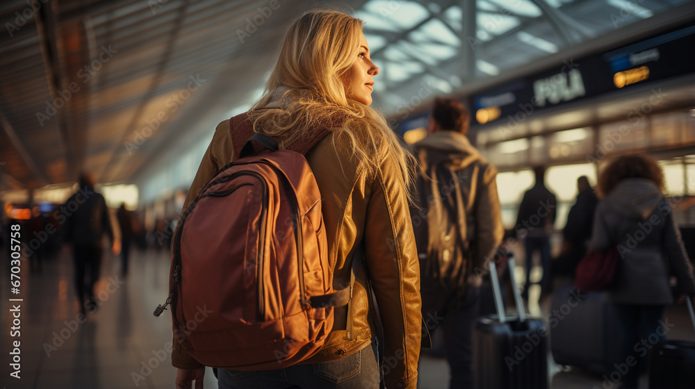 Low angle rear view of passengers walking in the airport terminal. People with luggage in airport - Generative AI