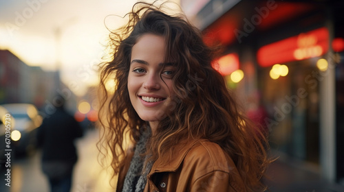 Close-up photo of a beautiful woman's face smiling broadly while turning her head on the street. - Generative AI