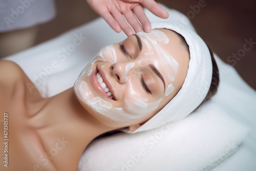 beautician makes facial massage mask beautiful smiling girl spa procedure care beauty aesthetic woman skin cream face application female cosmetology medicals health treatment healthy salon therapy