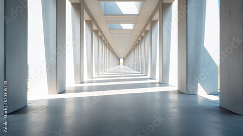 low angle photo of wide corridor going back to a vanishing point, lined on each side with doors open at various angles, daylight, light concrete floor - Generative AI photo