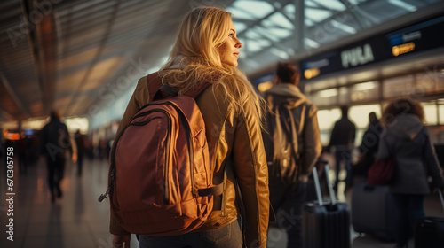 Low angle rear view of passengers walking in the airport terminal. People with luggage in airport - Generative AI