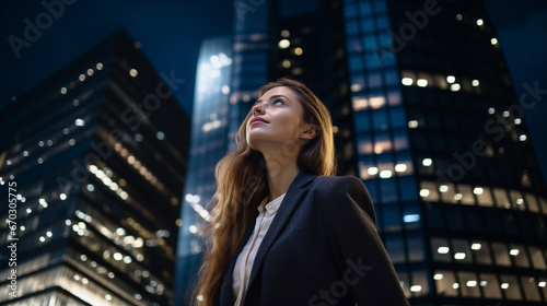 Confident and professional young American businesswoman standing and looking up at modern corporate skyscrapers in the evening - Generative AI