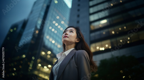 Confident and professional young Asian businesswoman standing and looking up at modern corporate skyscrapers in the evening - Generative AI