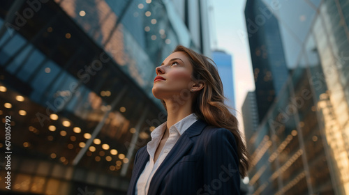 Confident and professional young American businesswoman standing and looking up at modern corporate skyscrapers in the evenin - Generative AI photo