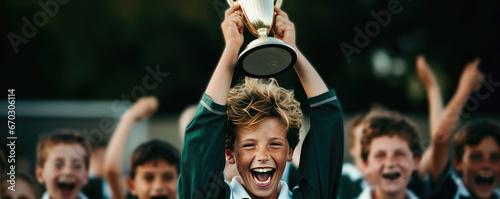 Portrait of a child soccer player holding up a trophy, celebrating a win with his teammates
