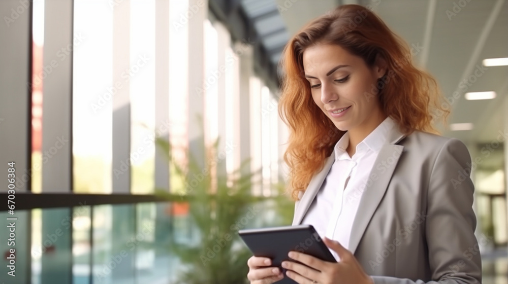 Redhead businesswoman using tablet pc at office - Generative AI Redhead businesswoman using tablet pc at office - Generative AI
