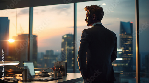 Portrait of male ceo in big corner office, looking out of window, at sunset. - Generative AI
