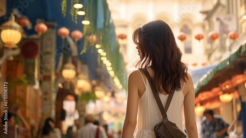 Rear view image of a young brunette woman. She is enjoying the walk and exploring the city, wearing a casual but fashionable dress, sightseeing and shopping on the Singapore street - Generative AI
