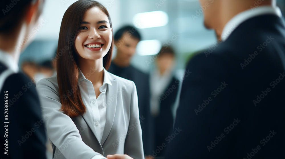 An Asian businesswoman shaking hands while smiling brightly. - Generative AI