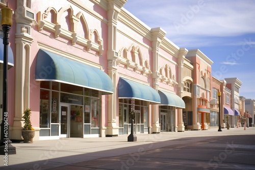 mall storefront pastel building business commercial empty estate exterior facades parking piazza real retail shop store disrobed striped stucco lot white photo