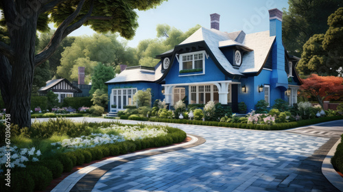 white, blue and black brick cottage with trees and gardens on a blue paved driveway © Kien