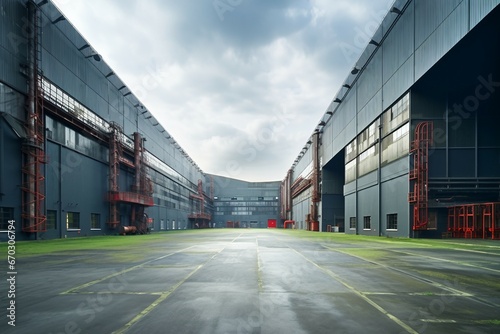 warehouse industrial large building exterior dock ramp entry gate delivering facility business new export shipping load trailer storehouse parking dropped commercial entrance enter distribution