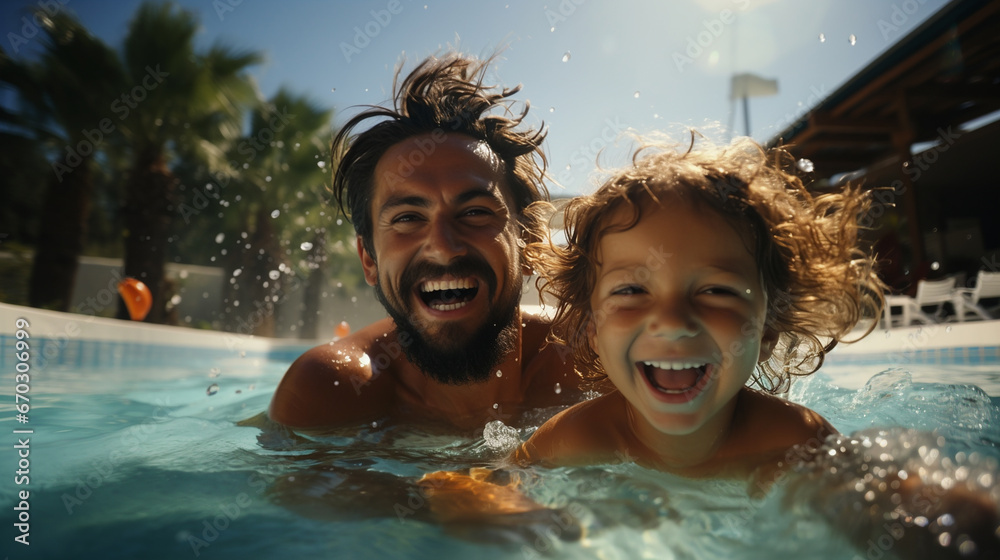 A close-up photo of a father and son laughing at the resort swimming pool. - Generative AI