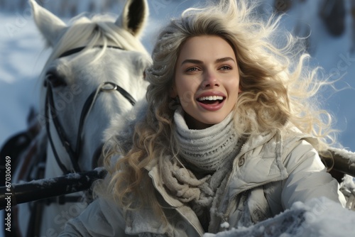 woman with horse in winter scenery