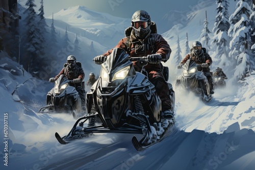 Snowmobiling in a snow-covered wilderness