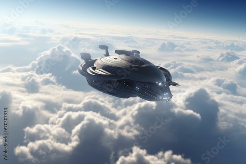 A spaceship soaring above the clouds. Generative AI