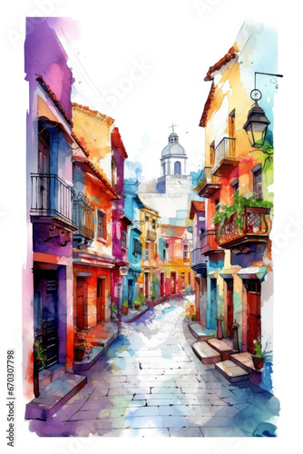 Digital watercolor painting of Villajoyosa town, Costa Blanca. Province of Alicante, Valencian Community, Spain © Kar