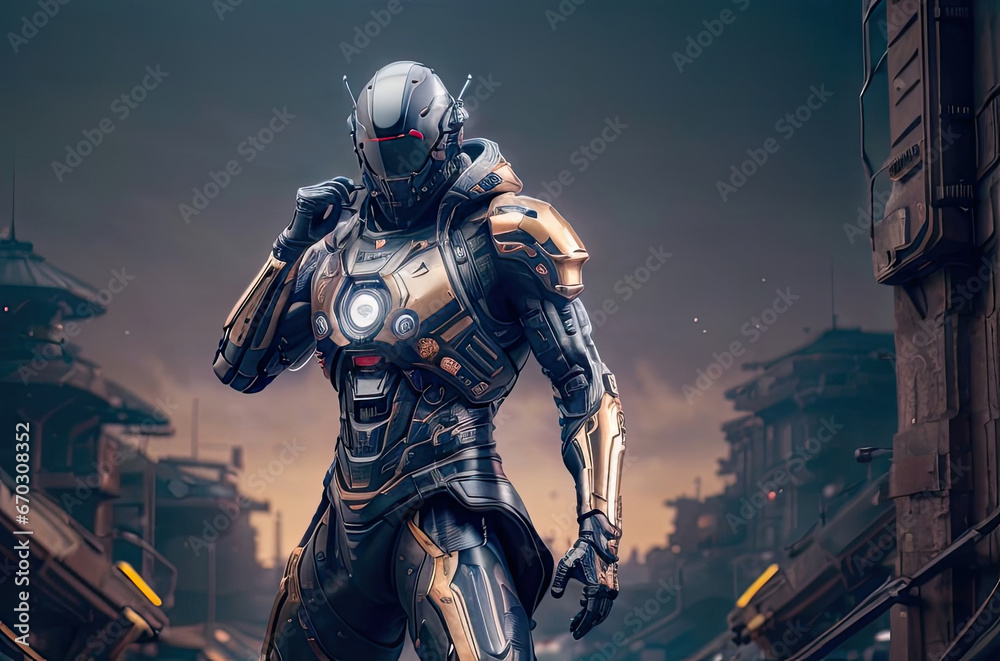 Futuristic Science Fiction Soldier in Armor in Rusty City in Background Futuristic Science Fiction Soldier in Armor in Rusty City in Background