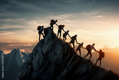 concept business success trekking travel work team helping climbing mountain peak people Group together hand leadership trust collaborating hope support sunset freedom motion active help climb photo