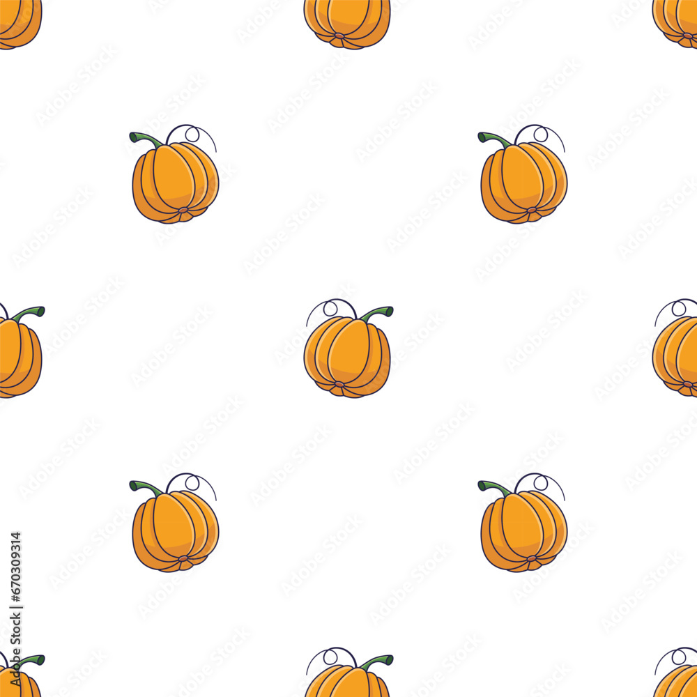 Cute Pumpkin seamless pattern in doodle style. Vector hand drawn cartoon Orange Pumpkin illustration. Hand drawn Sketch of Pumpkin. Pattern for kids clothes.