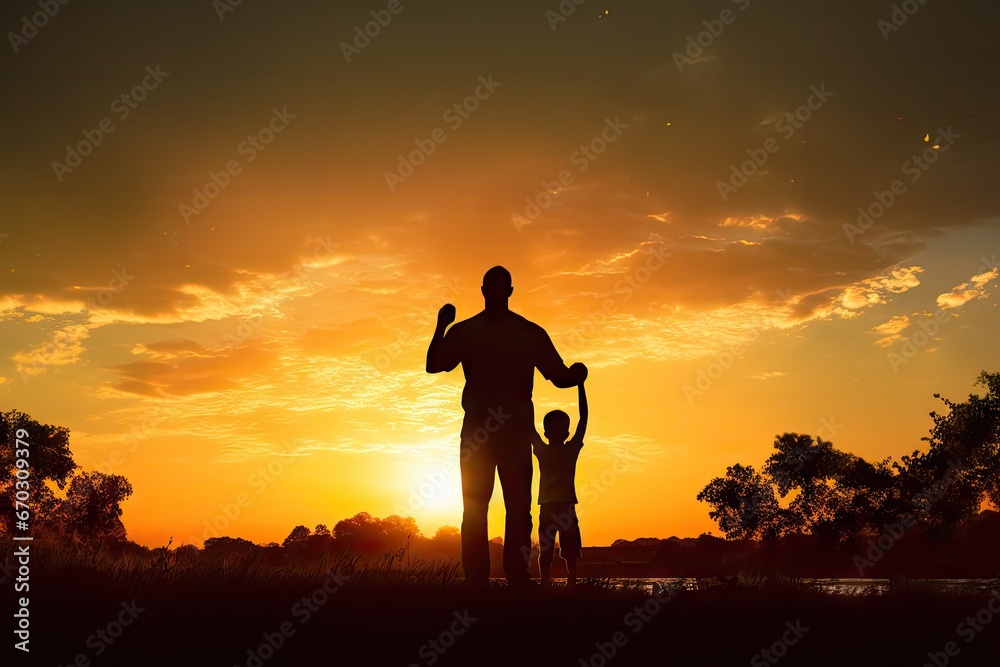 time sunset park playing son father  children day fly fun travel boy walking freedom people sun holiday maker family sunset children silhouette couple man vacation sport son hiking - obrazy, fototapety, plakaty 