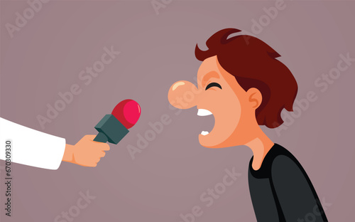 Man Screaming in a Microphone Interview Vector Cartoon. Unhappy protester shouting his demands to the reporters 
