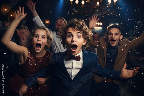 event indoors delighted moving loud shout scream dress suit formalwear wear formal hard makers party elegant charming cute portrait celebrate christmas club clubber confetti crazy crowd