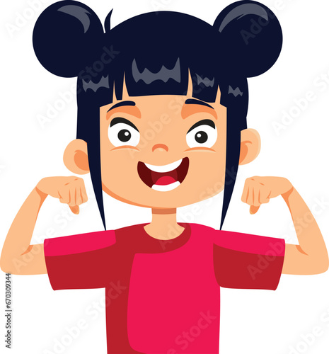 Strong Toddler Girl Showing Flexed Muscles Vector Cartoon Character. Little child having strength and will power being motivated 
