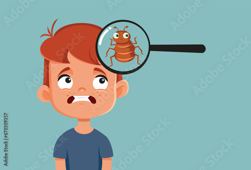 Boy with Lice Being Analyzed with a Magnifying Glass Vector Cartoon. Little child suffering from a infestation with parasites 
 photo