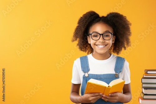 background yellow isolated study books notebook holding eyeglasses kid girl african young cheerful children little school happy children background afro person girl backpack book african