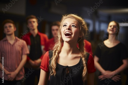 college drama class singing taking students student training vocation studying acting singer music course learning education boy girl four people person happy photo