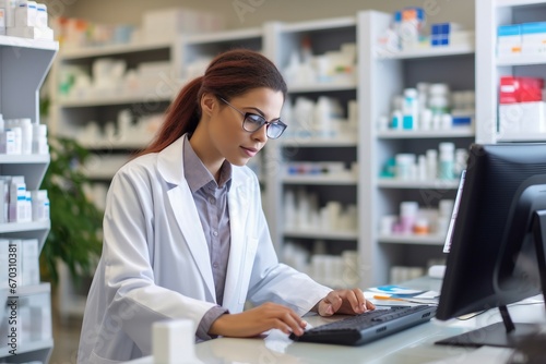 counter pharmacy computer using while medication holding pharmacist female young portrait shop chemist working doctor apothecary service desktop pc medicine electronic mail technology photo