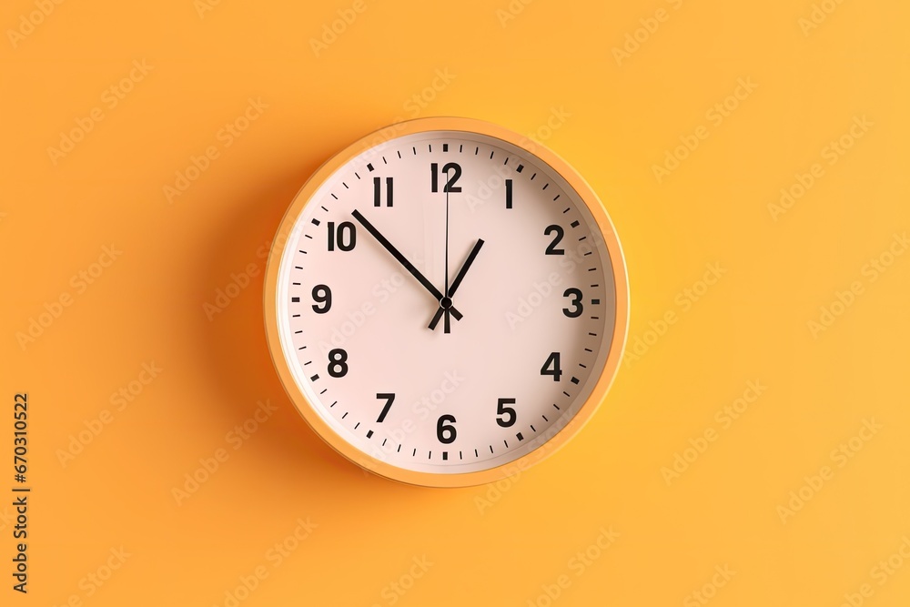 time winter summer concept school management space copy Close o'clock Ten background orange pastel trendy clock wall plain analogue Part autumn white agenda schedule opening hours operation minute - obrazy, fototapety, plakaty 