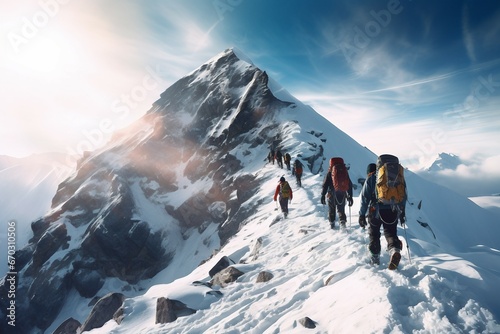winter mountain ascending climbers group A climbing extreme trekking alpinist adventure alps climber ascent blue cold dangerous equipment expedition explore hiking ice landscape team mountaineering © sandra