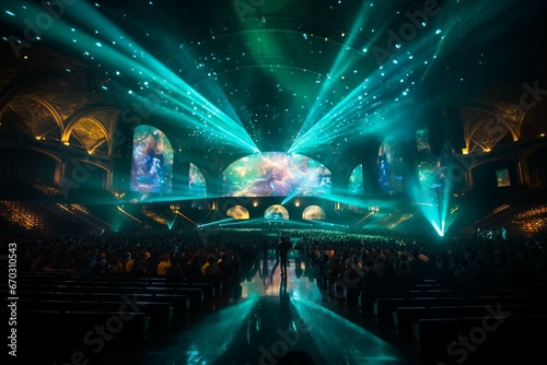 hall congress conference start show light concert audience stage crowd event people music entertainment performance live festival background spotlight silhouette head
