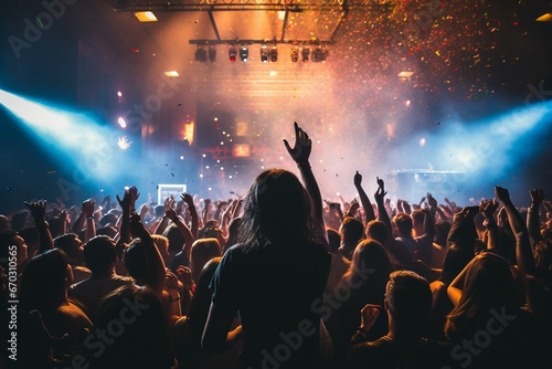 filter contrast retro event festival concert dj celebrating crowd afterparty concept nightlife party nightclub confetti multicolored hands club night dancing people