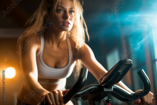 fitnessstudio einem spinning beim leute club fit fitness sport studio fitness centre bike spinning gym woman man people wheel tread young training trainer train persistence headset athletic