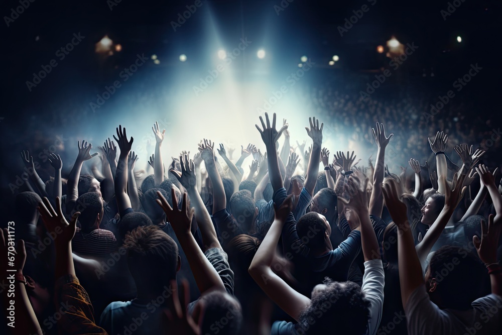crowd cheering concert hand raised air light spotlight arm rock pop show fan music musical hollywood theatre entertainment perform performance background beam ray mist fog smoke dark - obrazy, fototapety, plakaty 