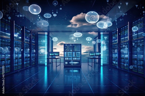 concept computing cloud lines connection icon services screen charts monitor kvm cabinet rack device networking server room center data internet security store backup storage financial photo