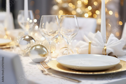 Christmas dinner table setting with festive white decor